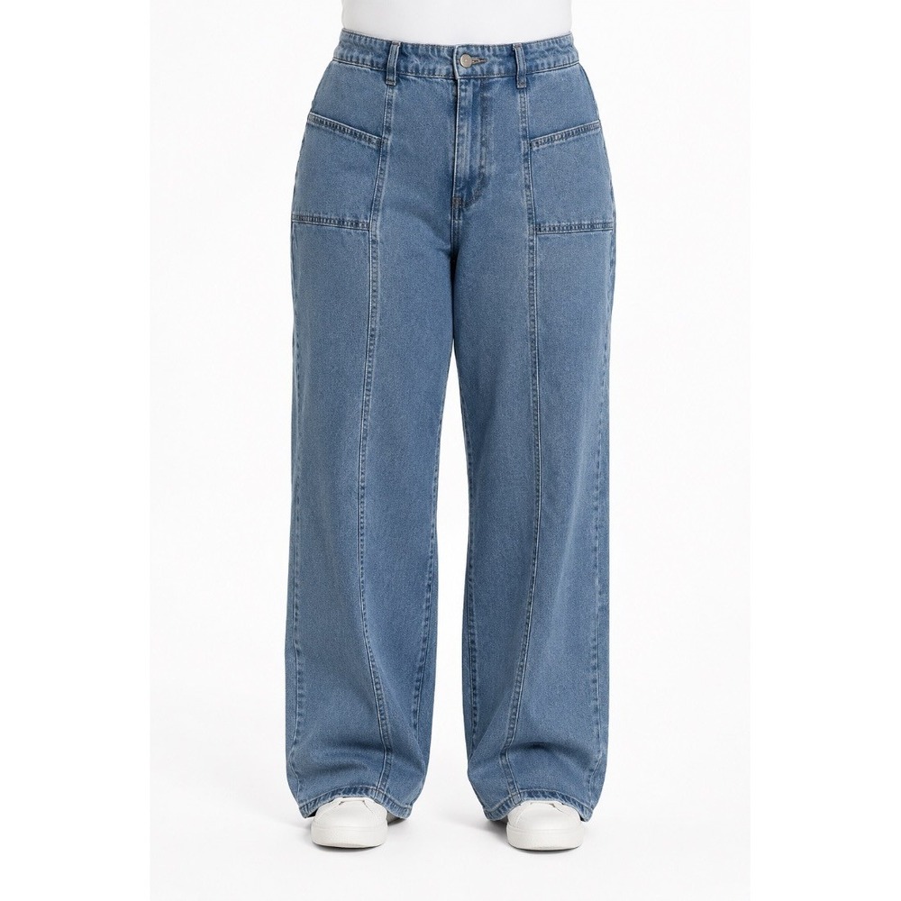 Madden NYC Womens Plus Wide Leg Jeans Light Blue Denim Cargo Pocket XXL
